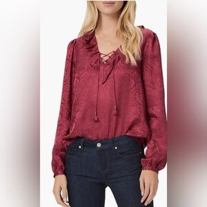 Paige $299 Ilara Jacquard 100% Silk Top Ruffle V-Neck Long Sleeve In Berry Jam